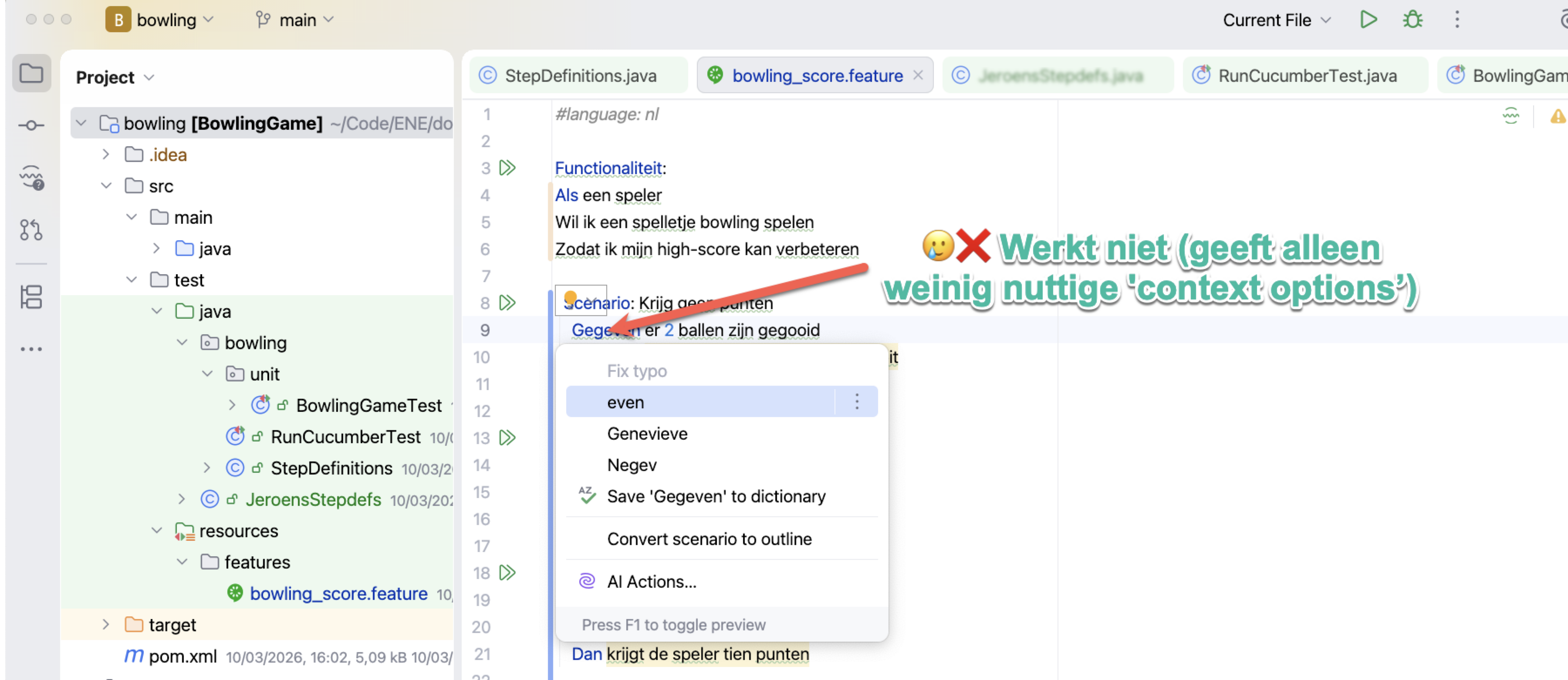 Cursor op keyword: Generate Step Definitions niet zichtbaar