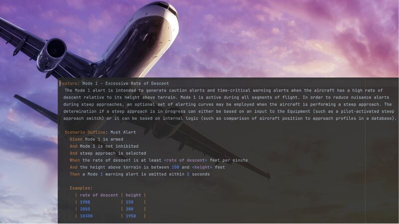 Voorbeeld BDD scenario voor een vliegtuig
